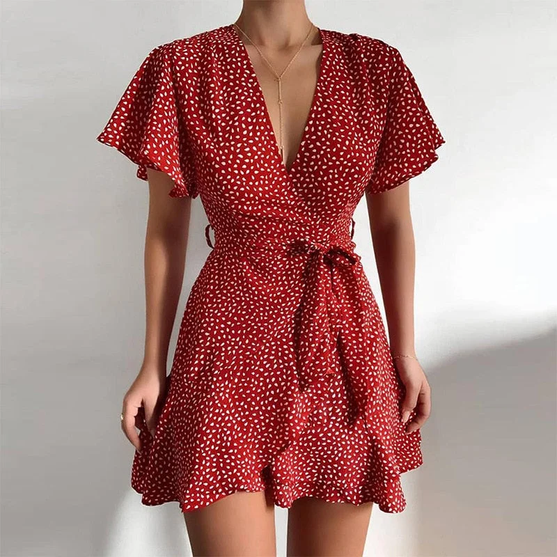 Graduation Gifts  Summer Women Dress Butterfly Sleeve Polka Dot Floral Print V Neck High Waist Sashes Dress Vintage Female Mini Red Vestidos 2022