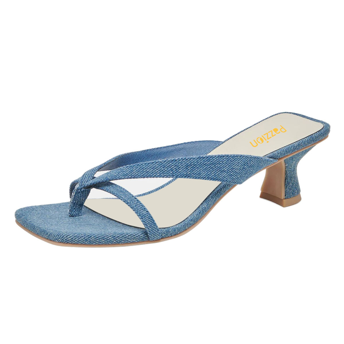 Denim Blue Square Toe Flared Mid Heel Flip Flops for Women Nicepairs