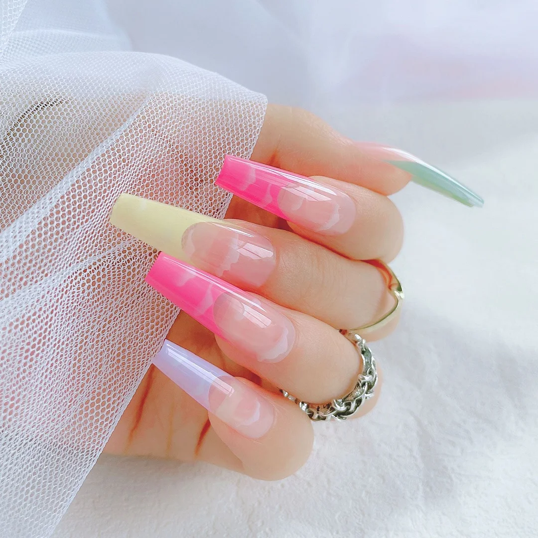 24Pcs/Set Long Coffin False Nails French Heart Pattern Design Nail French Full Cover Fake Nails Glue DIY Manicure Nail Art Tools-Nail Inspo