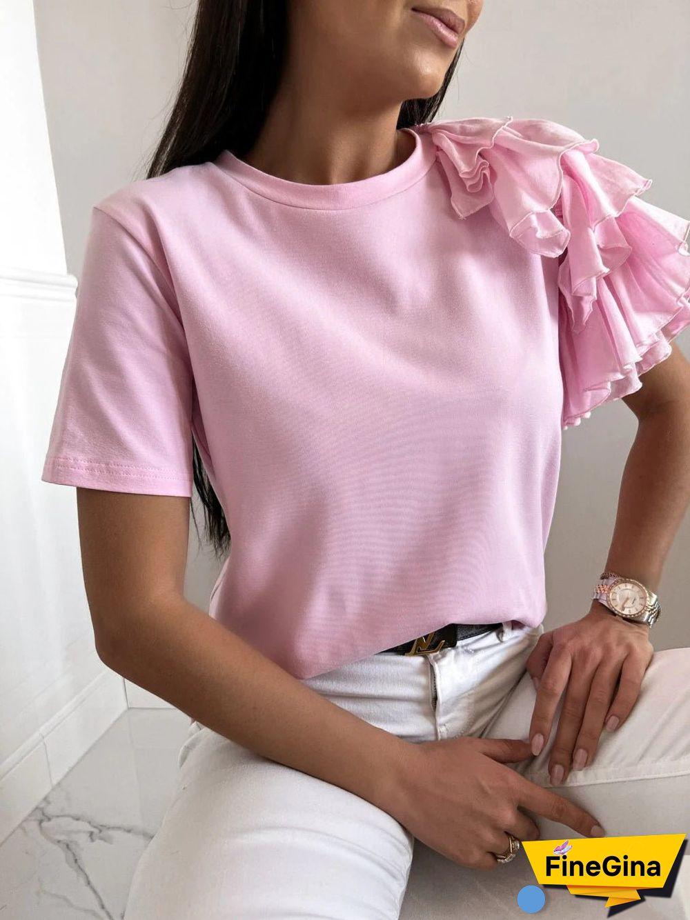 Women'S T-Shirts Solid Simple Ruffle Short Sleeve T-Shirt