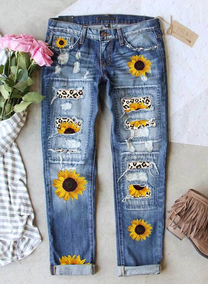 Women's Ripped Jeans Mid Waist Sunflower Leopard Cut-out Ripped Jeans