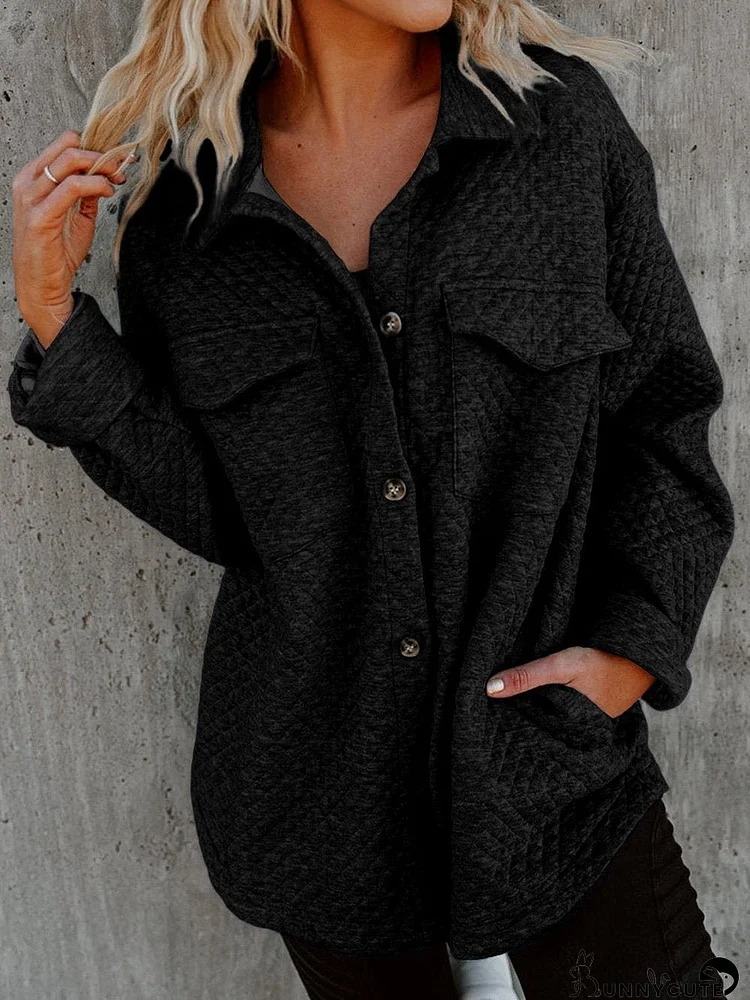 Retro Black Quilted Flap Pocket Buttoned Shacket