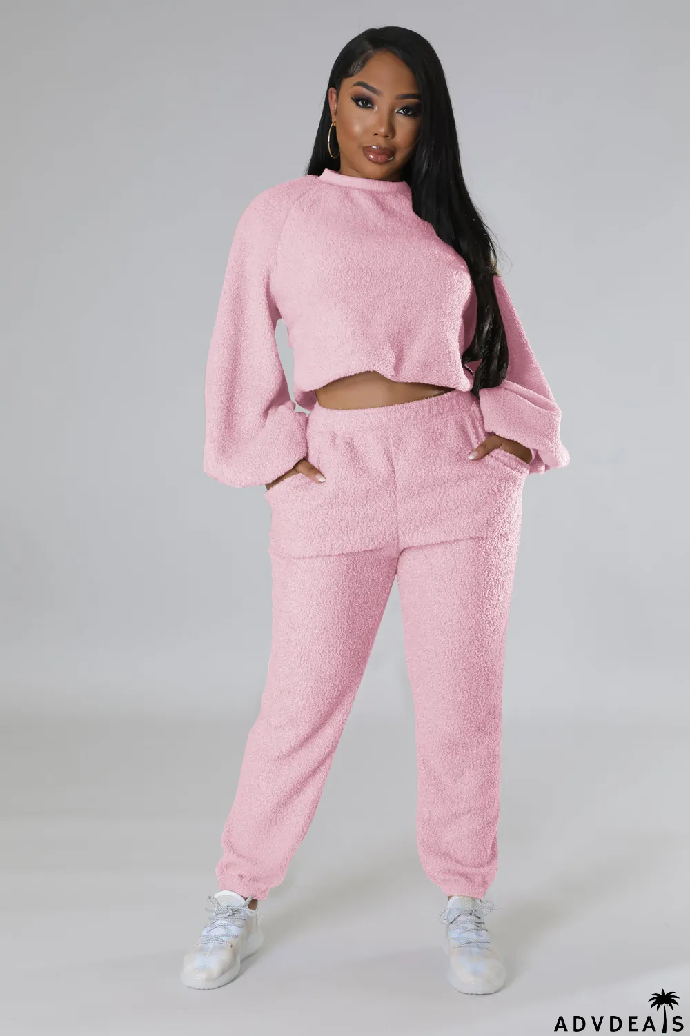 Fashion Casual Solid Color Fleece Two-piece Suit