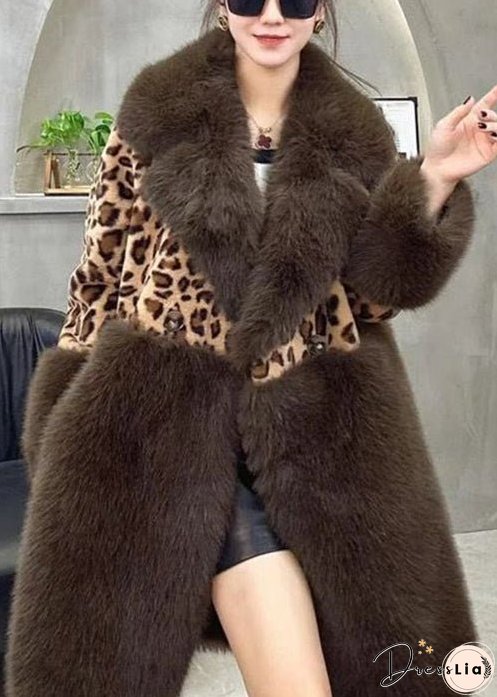 Loose Leopard Peter Pan Collar Button Patchwork Fuzzy Fur Fluffy Coat Long Sleeve