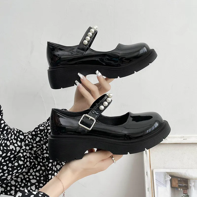 Breakj Breakj Retro British Style Small Leather Shoes Women 2025 Spring New Beaded Fairy With Thick-Soled Mary Jane Single Shoes