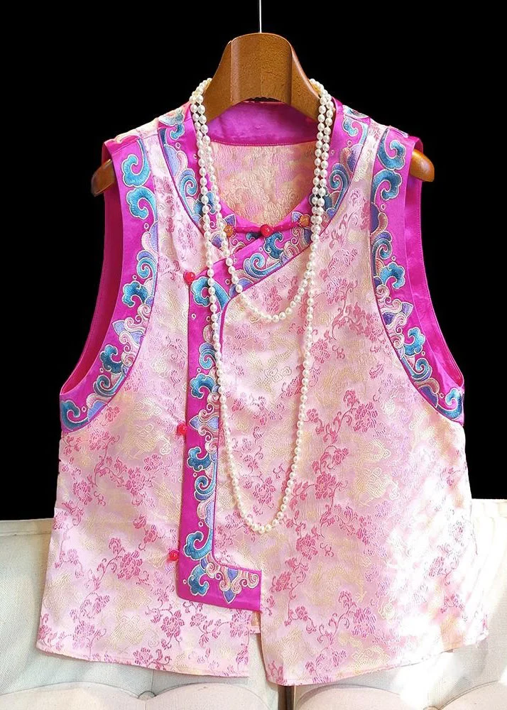 Vintage Pink Embroideried Patchwork Silk Vest Tops Sleeveless