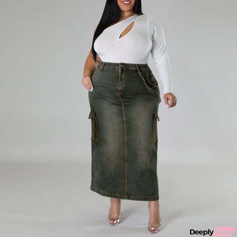 Plus Size Women Denim Strap Slit Skirt