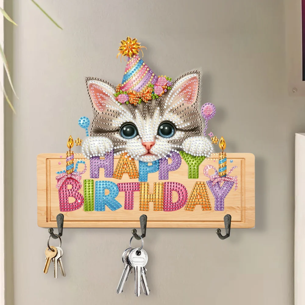 DIY Happy Birthday Cat Wooden Special Shape 3 Hooks No Punch Diamond Painting Hook Rail