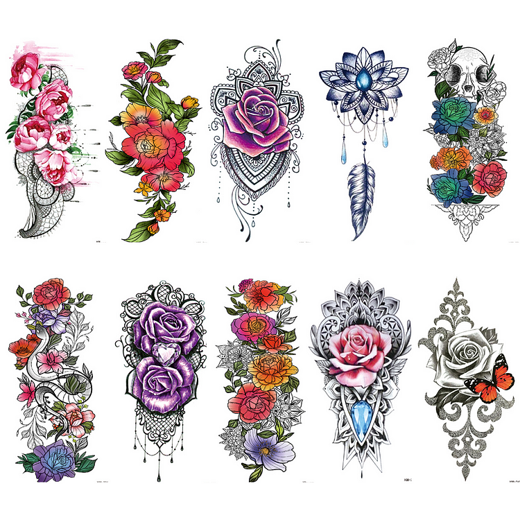 10 Sheets Half Arm Temporary Tattoo 3D Rose Flower Stickers Blossom Waterproof 