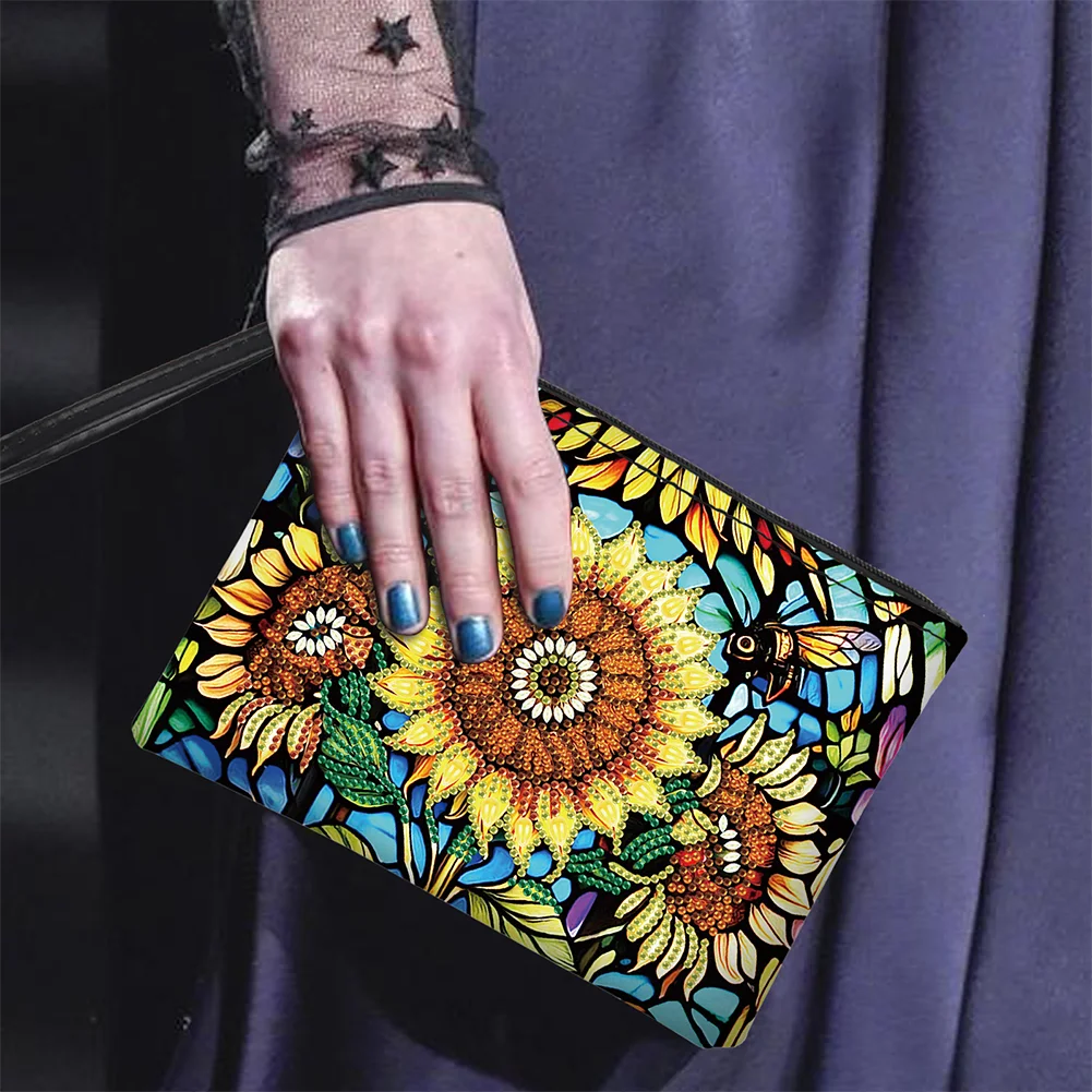 DIY Sunflower PU Partial Special Shaped Diamond Painting Wallet Makeup Bag