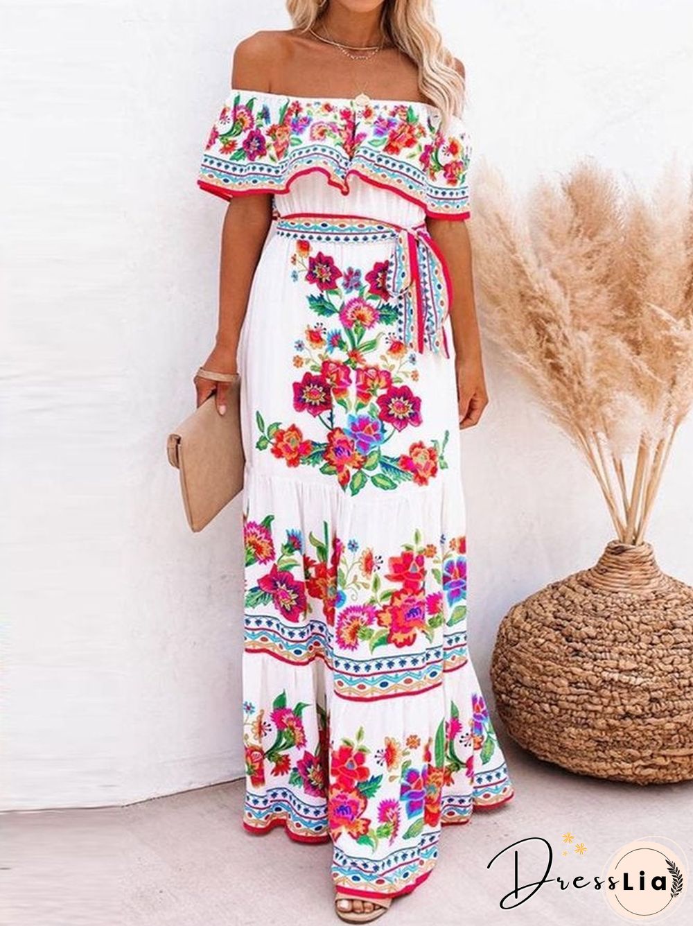 Off Shoulder Floral-Print Swing Cold Shoulder Dresses White Dresses