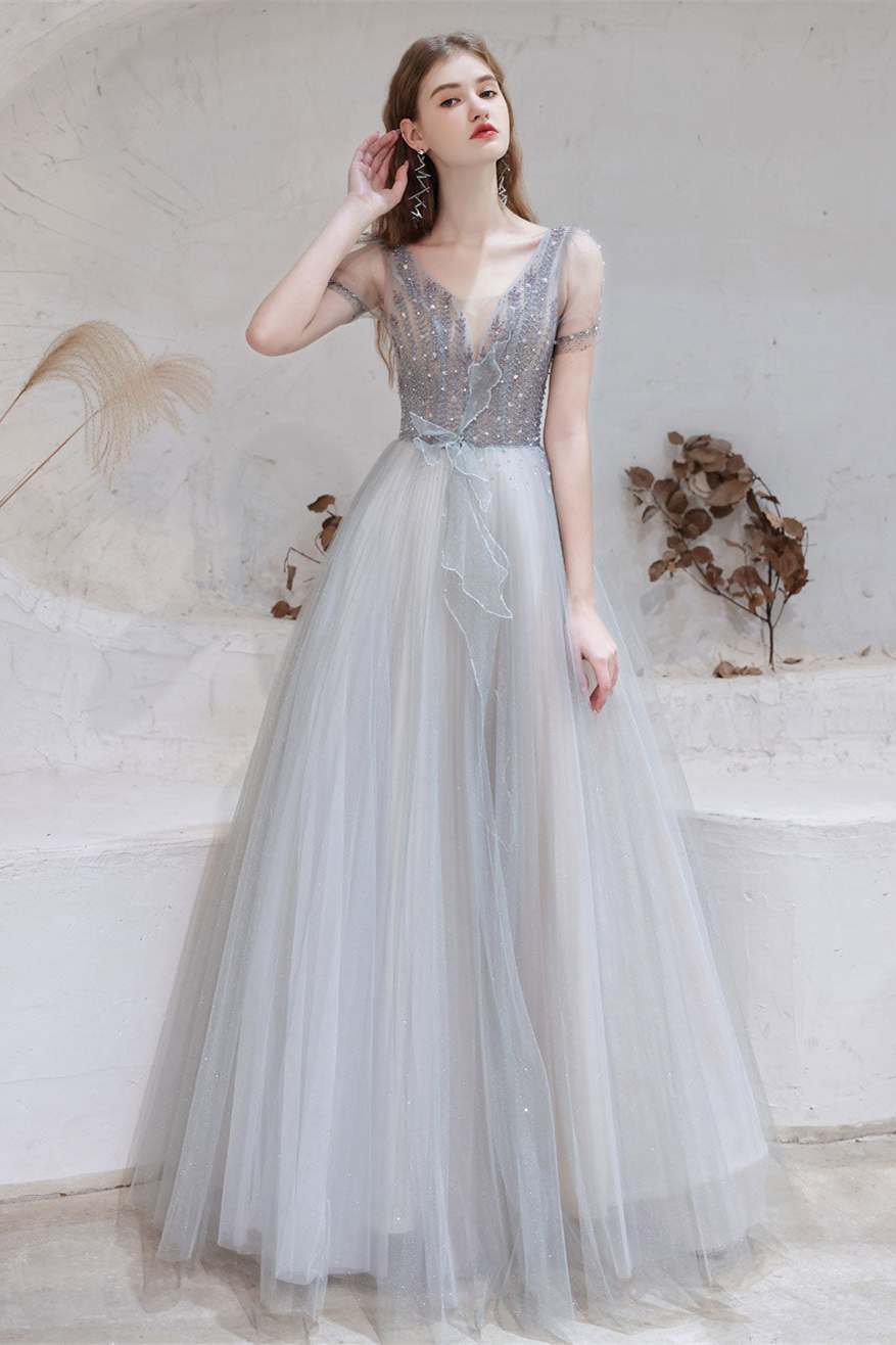 Gorgeous Light Grey Short Sleeve Prom Dress Tulle Long With Beads - lulusllly