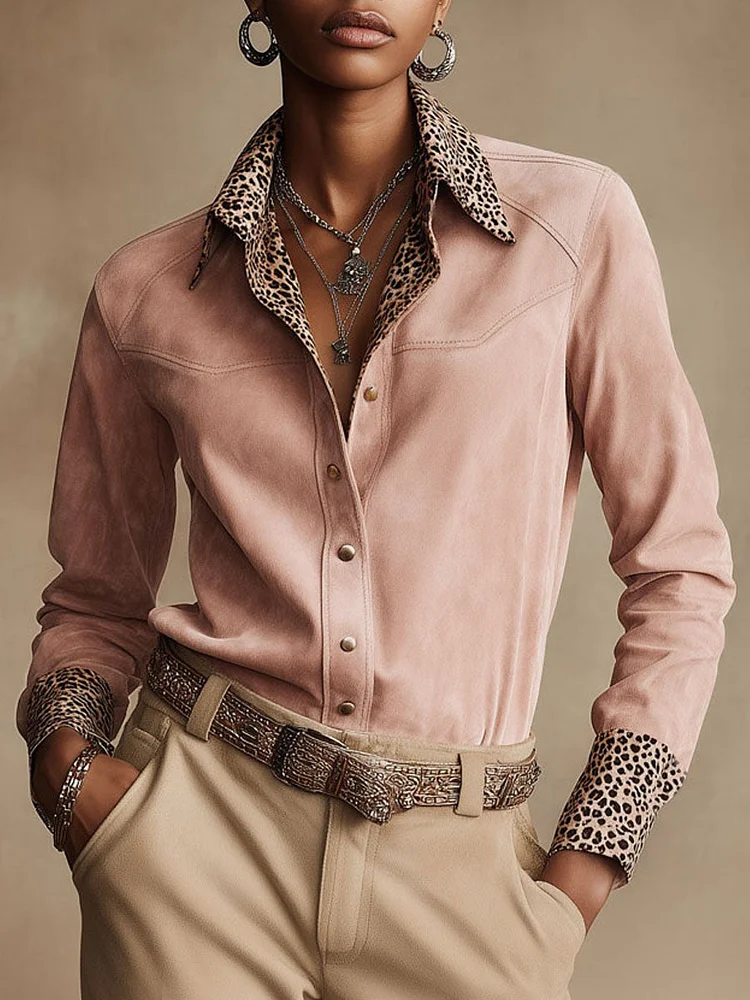 【24-hour shipping out】Western Retro Leopard Print Pink Faux Suede Long-Sleeve Shirt