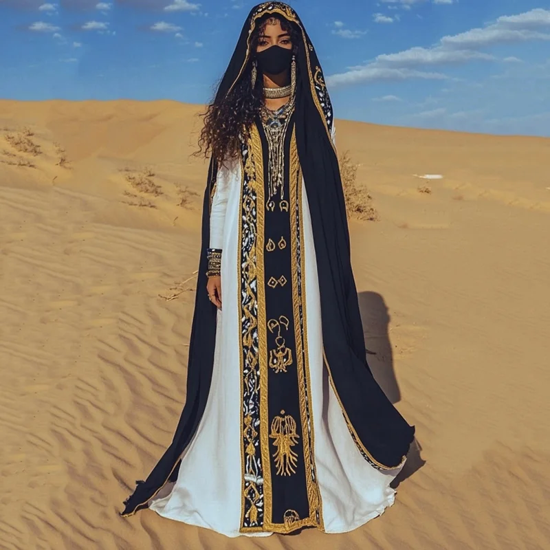 Vintage Ankh Ancient Egyptian Embroidered Art Linen V Neck Maxi Dress