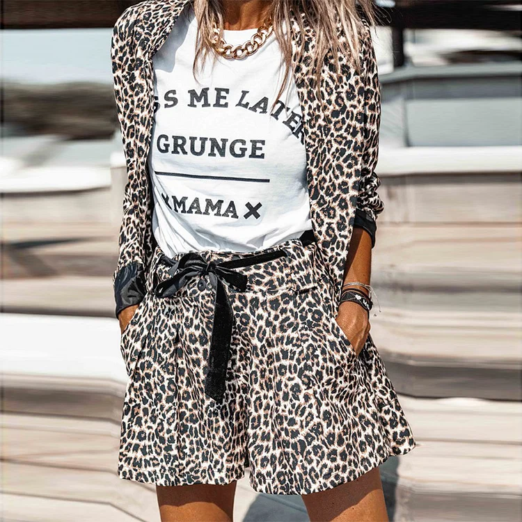 Fashion leopard print suit jacket casual shorts set