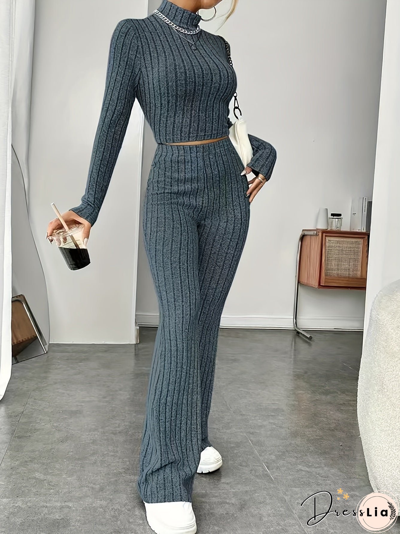 Solid Ribbed Two-piece Set Mock Neck Long Sleeve Tops Flared Leg Pants Outfits Womens
