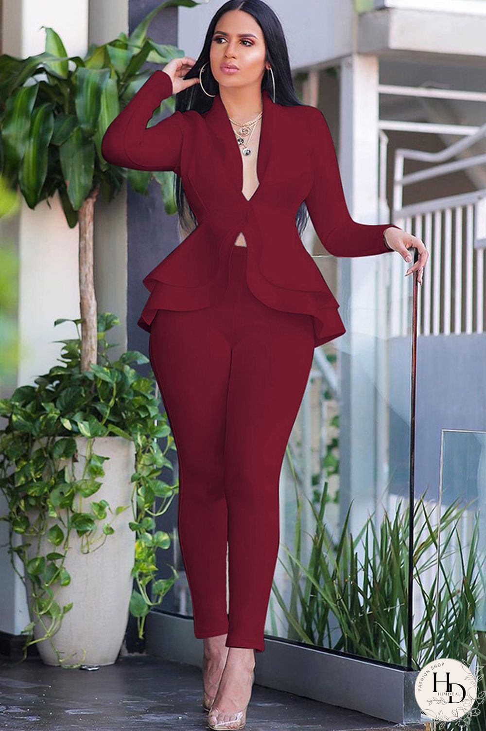 Black Casual Two Piece Suits Patchwork ruffle Solid pencil Long Sleeve