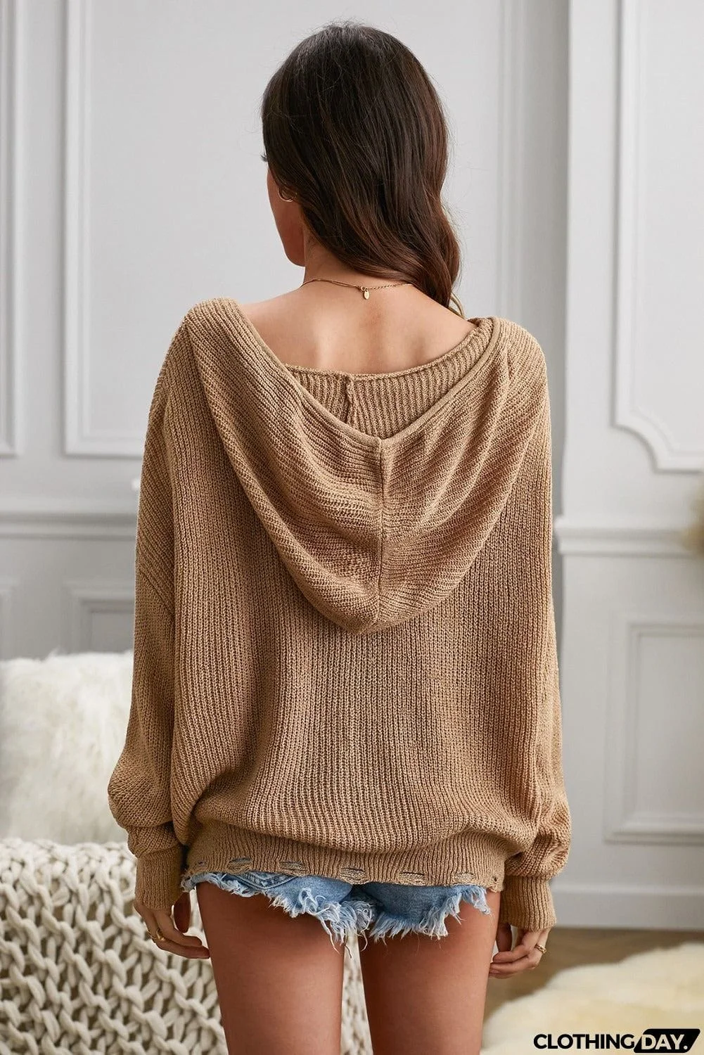 Womens Khaki Zipper V-neck Dropped Sleeve Hooded Sweater