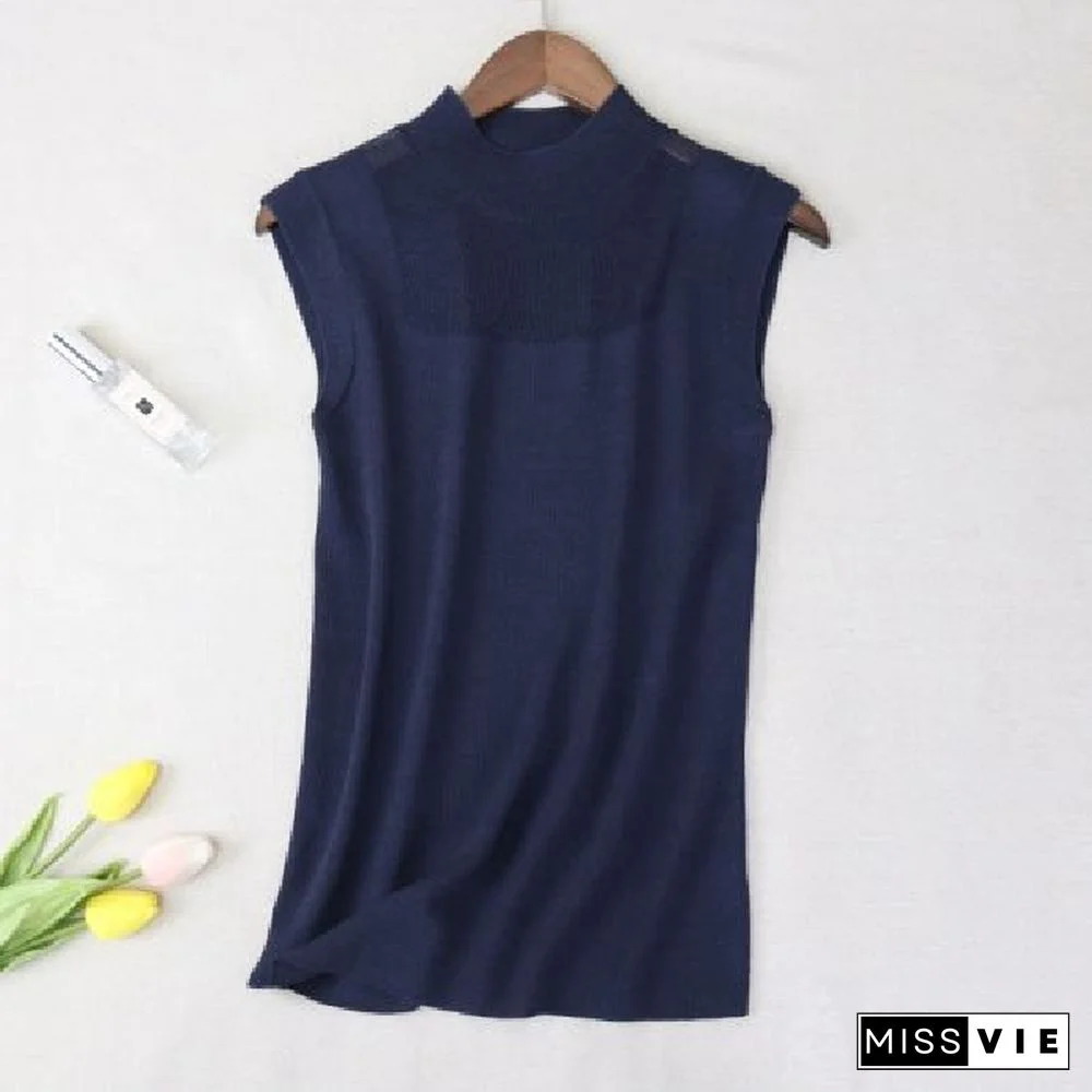 Hollow Out Sleeveless Women Knitted T Shirts Turtleneck Black Lace Sexy Lady Vest T Shirts Pink Loose Summer Thin Knit Tops