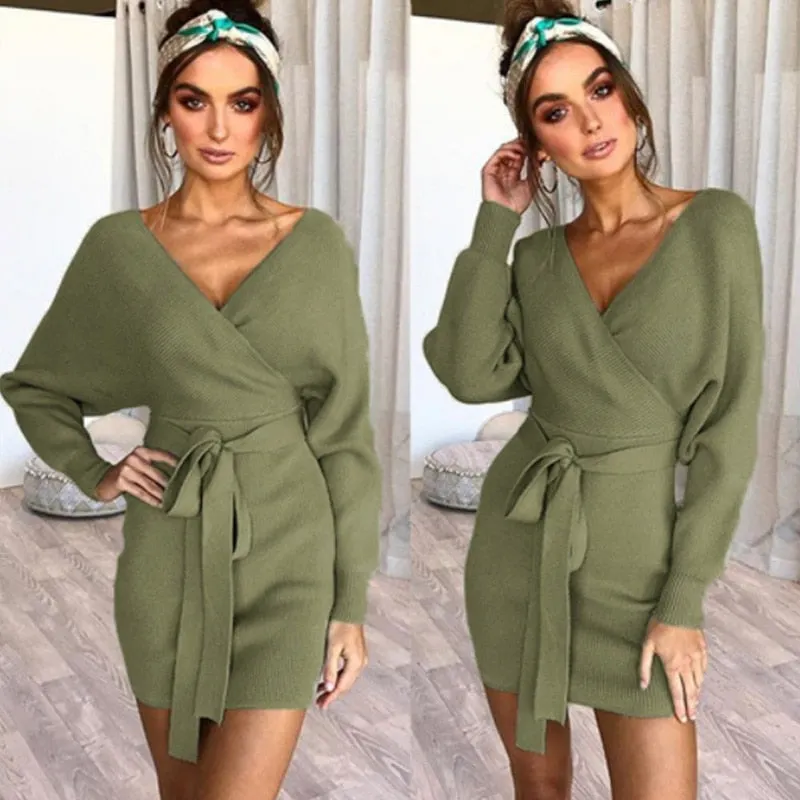 NEEDBO Women Dress Casual Elegant Knitted Mini Dress Autumn Winter Ladies Sexy Sweater Dress Long Sleeve Vintage Korean Dresses