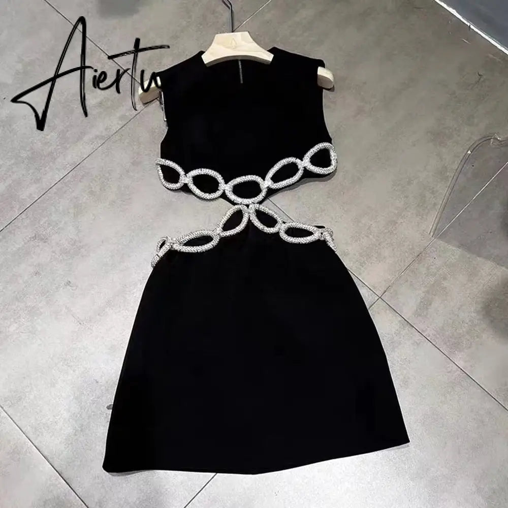 New Summer Women'S Sexy Backless Cut-Out Diamond Luxury Black Tight Mini Dress Elegant Evening Club Party Dress Aiertu