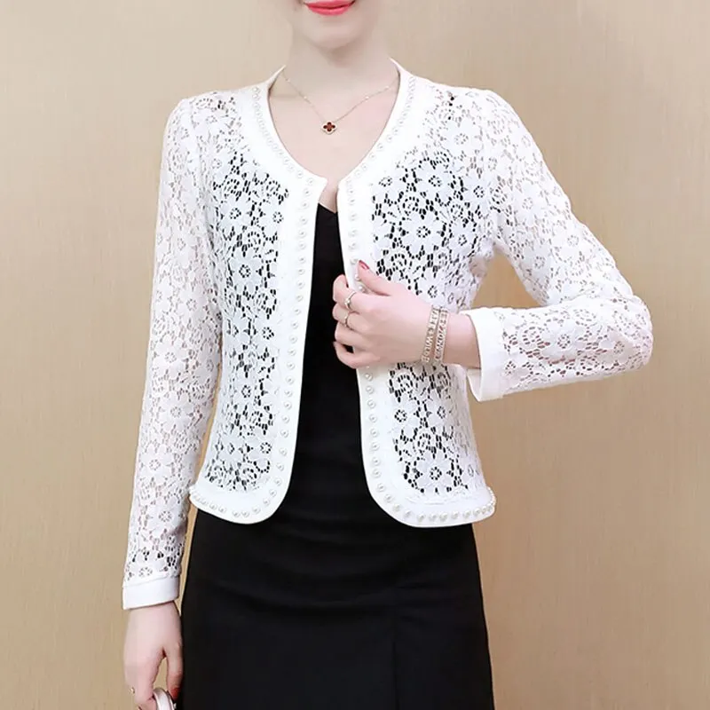 Uveng Hollow Out Lace Blouse Women Long Sleeve White Black Shirt Beading Lace Jacket Elegant 4XL Women Clothing Blusas 16821