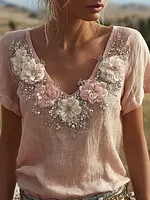 Bohemian Retro Style Plant Flower Design Women's  Linen Short-sleeve Shirt