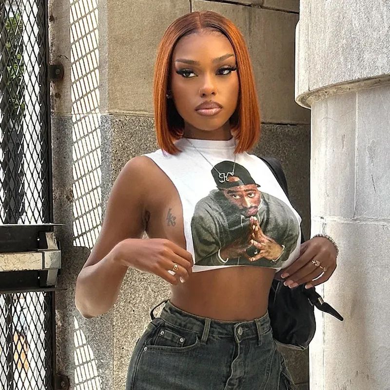 Uveng Uveng Women's Summer New Vintage 3D Printed Street Man's Rounded Sleeveless Vest Short T-Shirt