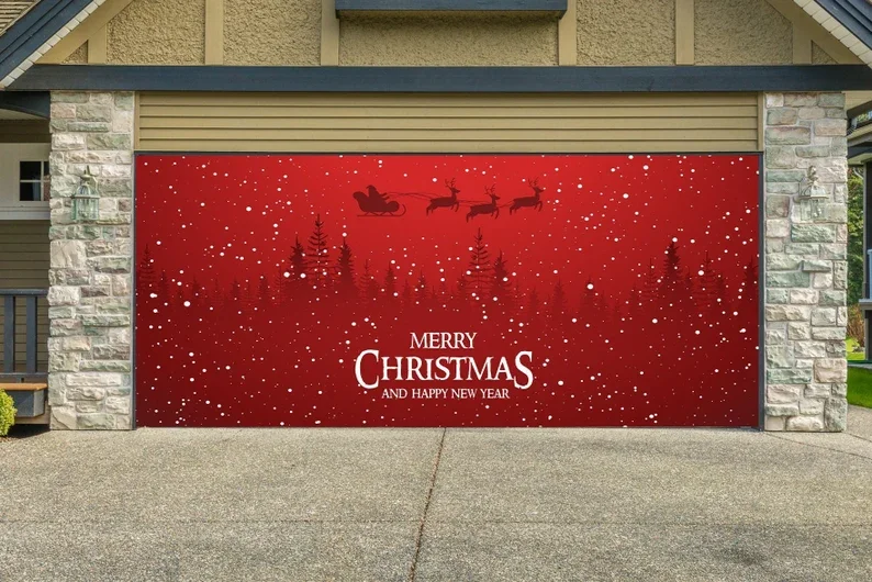 2  Size 7' H x 16' W,7' H x 8' W Reusable Christmas Garage Door Mural - Christmas Outdoor Decoration - Double Garage Door Cover - New Year Door Decor - Winter Wall Print