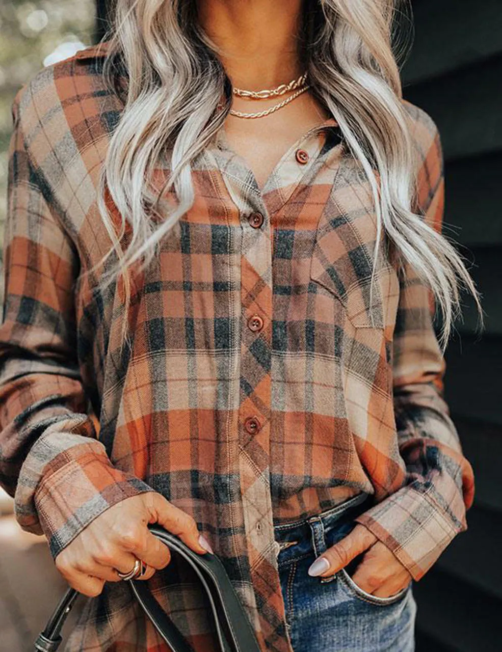 Women's Brown & Black Plaid Flannel Shirt Oversized Button-Down Blouse