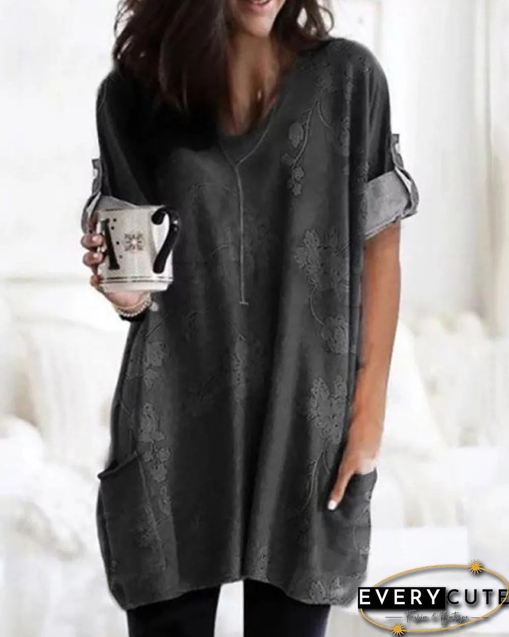 Temperament Printed V-Neck Loose Long Sleeve T-Shirt