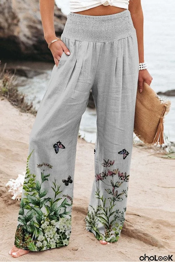 Printed High Waist Slip Pocket Casual Wide Leg Pants