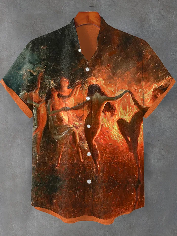 Men's Fire Prayer Dancing Witch Mysterious Oil Painting Print Linen Blend Shirt
