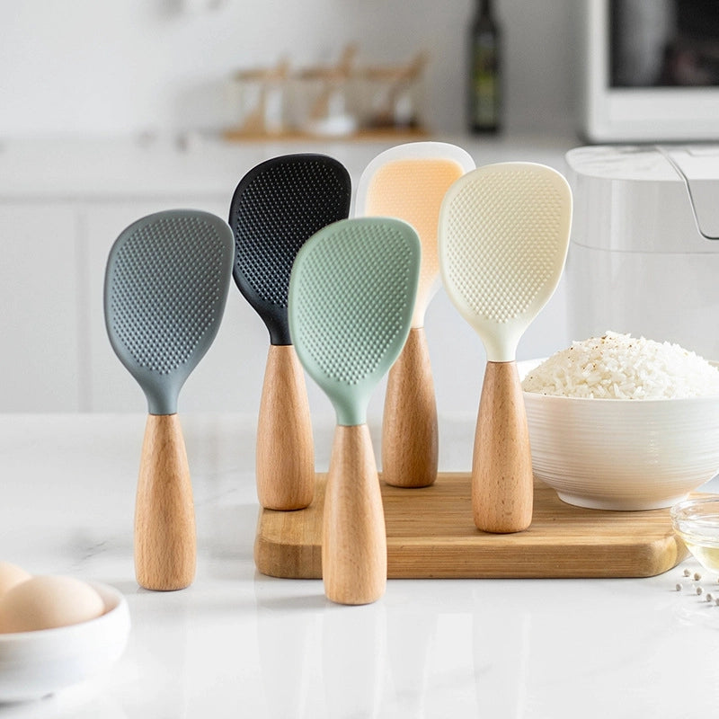 Non-slip Heat-resistant Wooden Handle Vertical Silicone Rice Spoon Rice Cooker Spoon Non-stick Rice Spoon