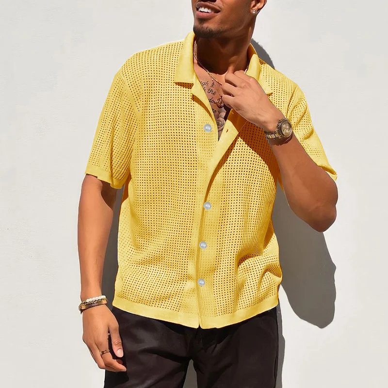 Wongn Wongn Men's Casual Knit Shirt Men's Summer New Solid Color Lapel Hollow Out Breathable Men's Short-Sleeved Jacket