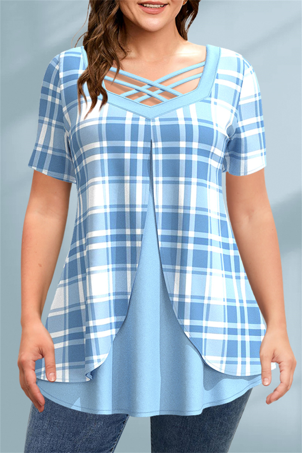 Flycurvy Plus Size Casual Pink Plaid Print Lace-Up 2 in 1 Blouse 2024 - Flycurvy 
