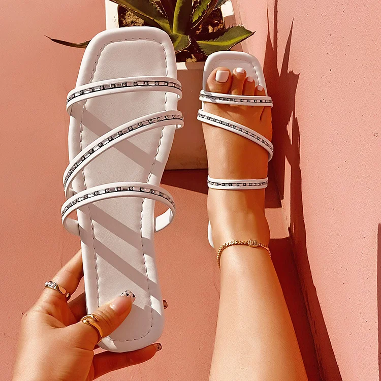 Rhinestone Bands Straps Slippers Flat Slide Sandals