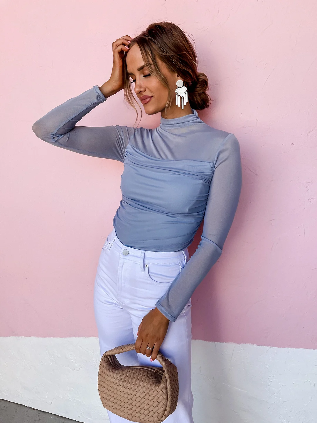 Sheer Luck Long Sleeve Top-Dusty Blue