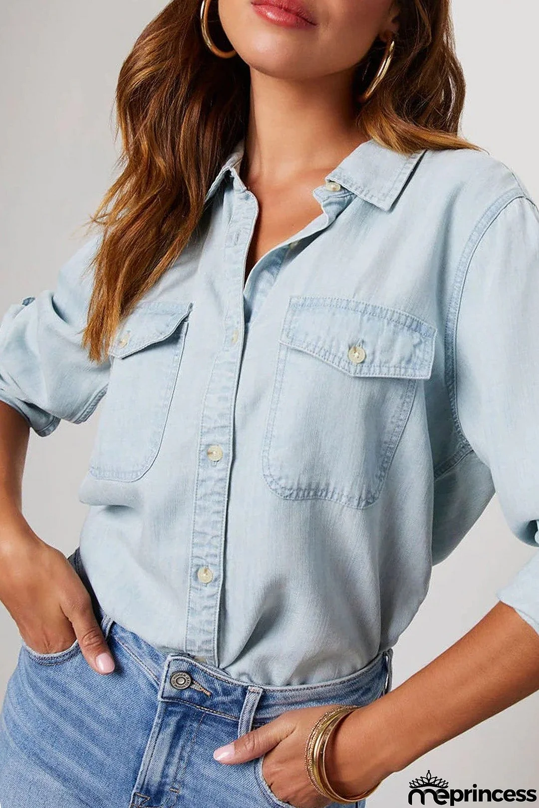 Long Sleeve Button-Up Denim Blouse