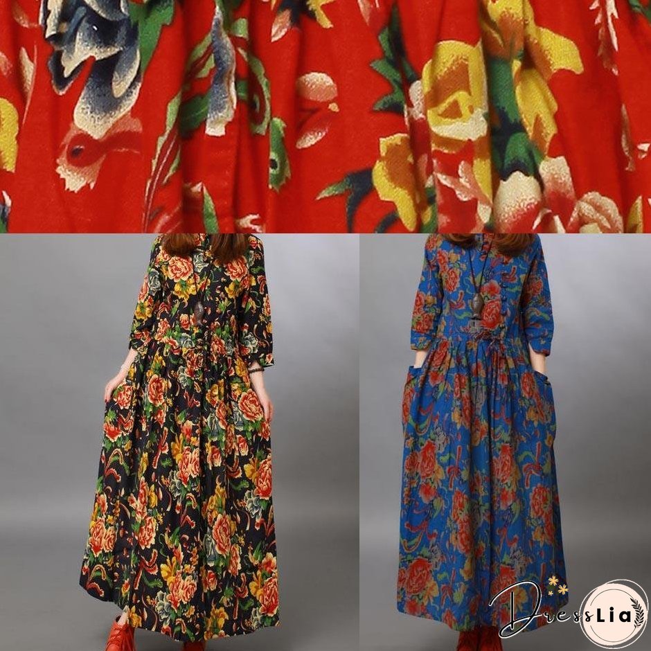 Loose Stand Collar Half Sleeve Spring Tunics For Women Black peony Maxi Dresses