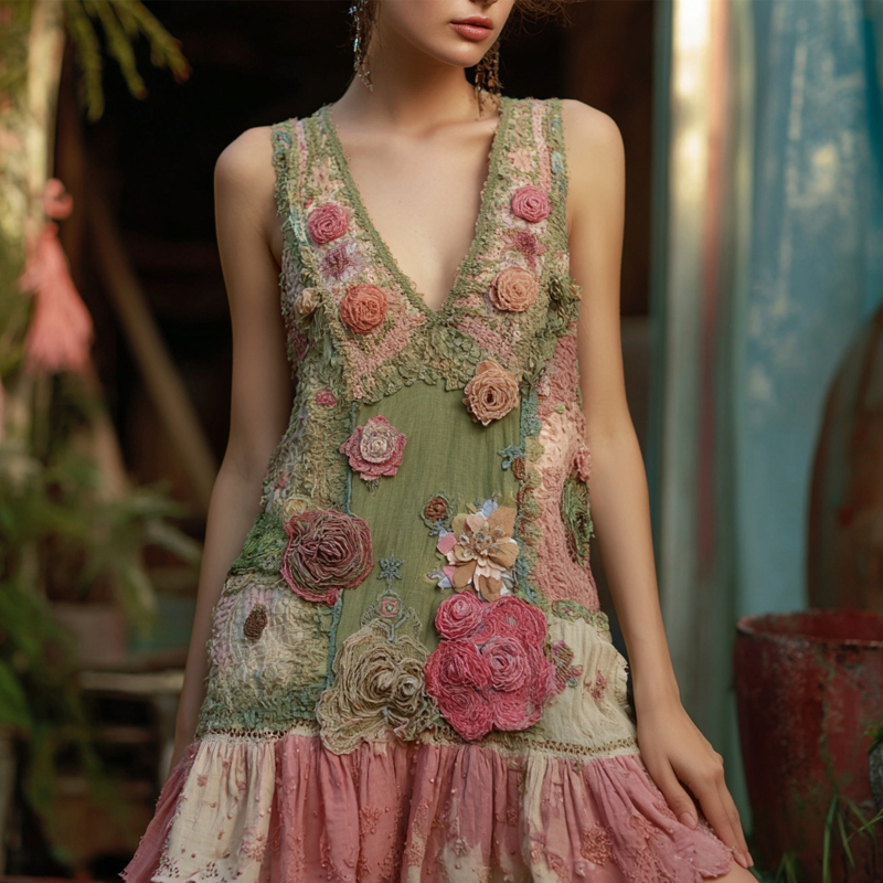 Comstylish Vintage Boho Roses Embroidered Patchwork Linen Mini Dress