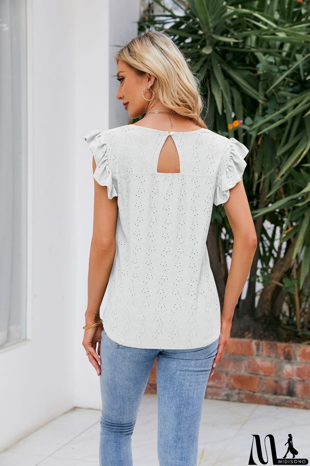 MidiSono - V-Neck Flutter Sleeve Eyelet Top