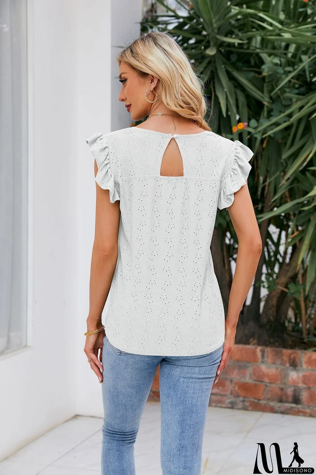 MidiSono - V-Neck Flutter Sleeve Eyelet Top