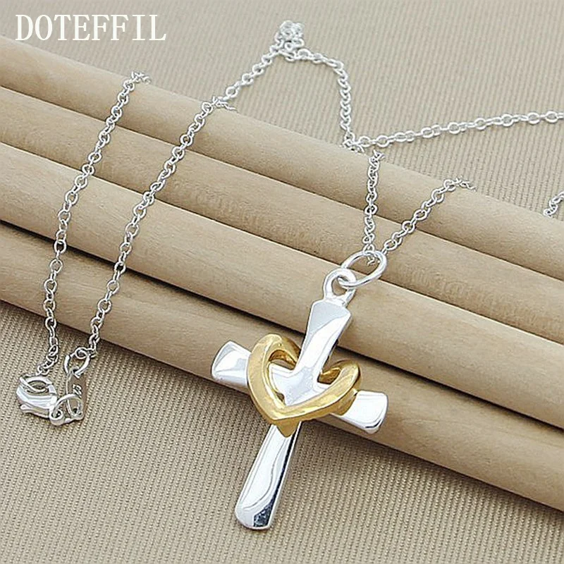 DOTEFFIL 925 Sterling Silver 18 Inch Chain Heart Cross Pendant Necklace For Woman Jewelry