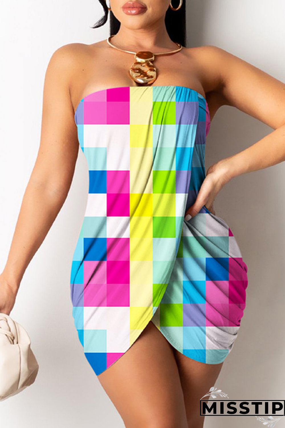 Cyan Sexy Print Patchwork Backless Strapless Sleeveless Dress Dresses