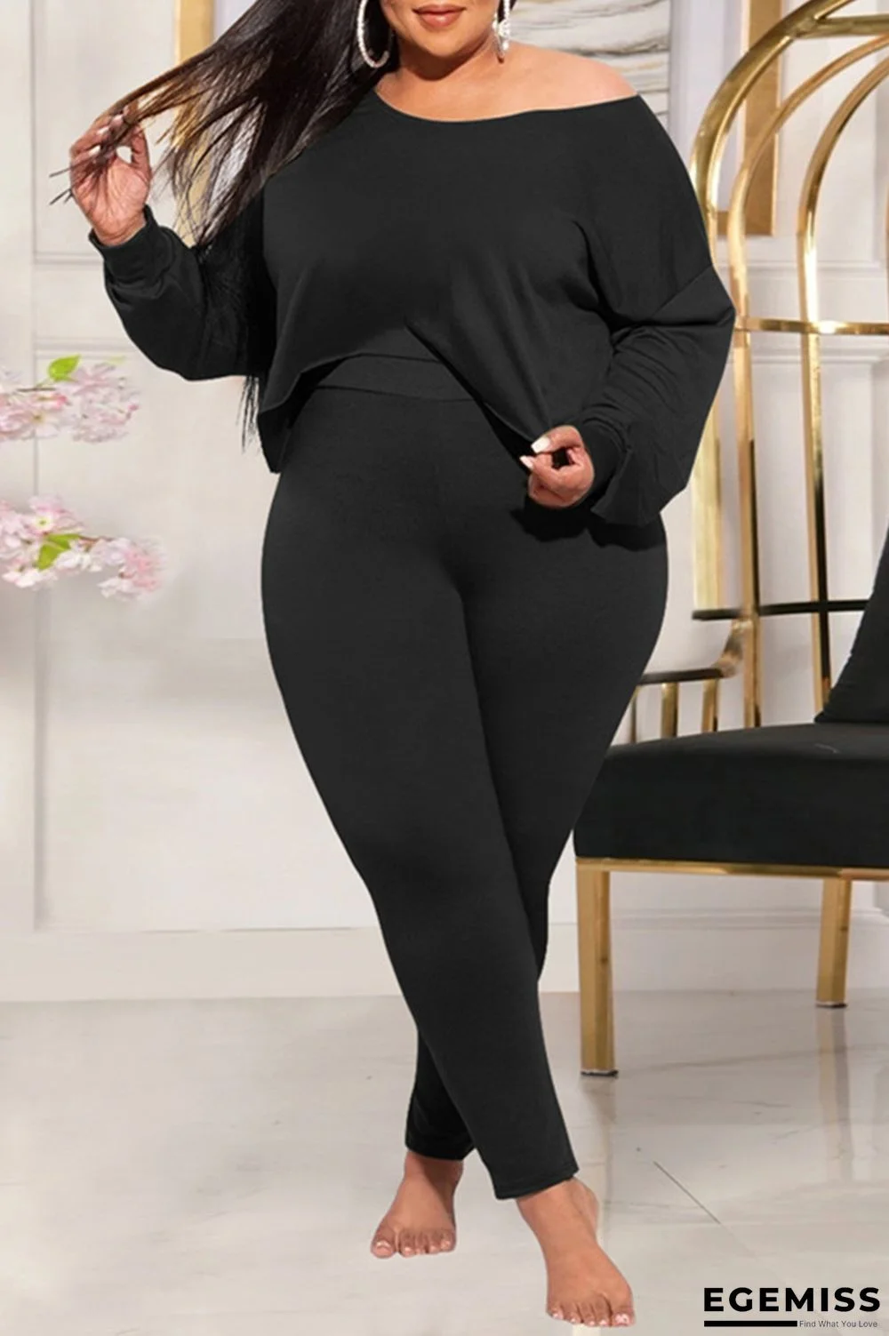Black Fashion Casual Solid Basic Oblique Collar Plus Size Two Pieces | EGEMISS