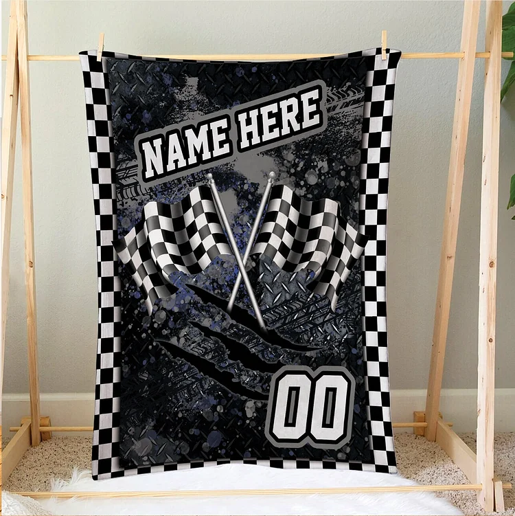 Personalized Racing Blanket, Custom Number Checkered Flag Soft Cozy Blankets | BKKid333
