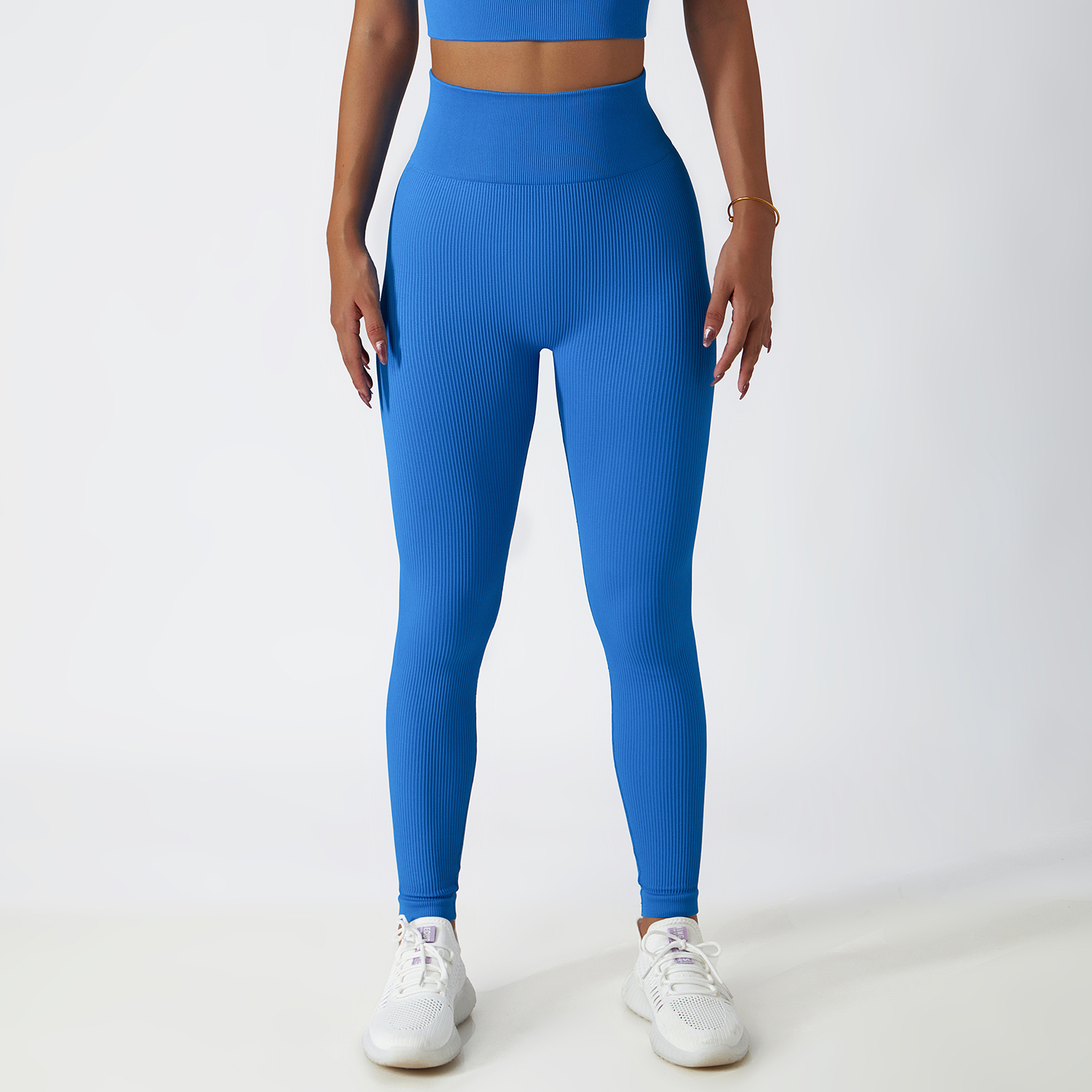 Buy Hergymclothing Klein Blue high waist no camel toe ribbed seamless gym sports running tights leggings online