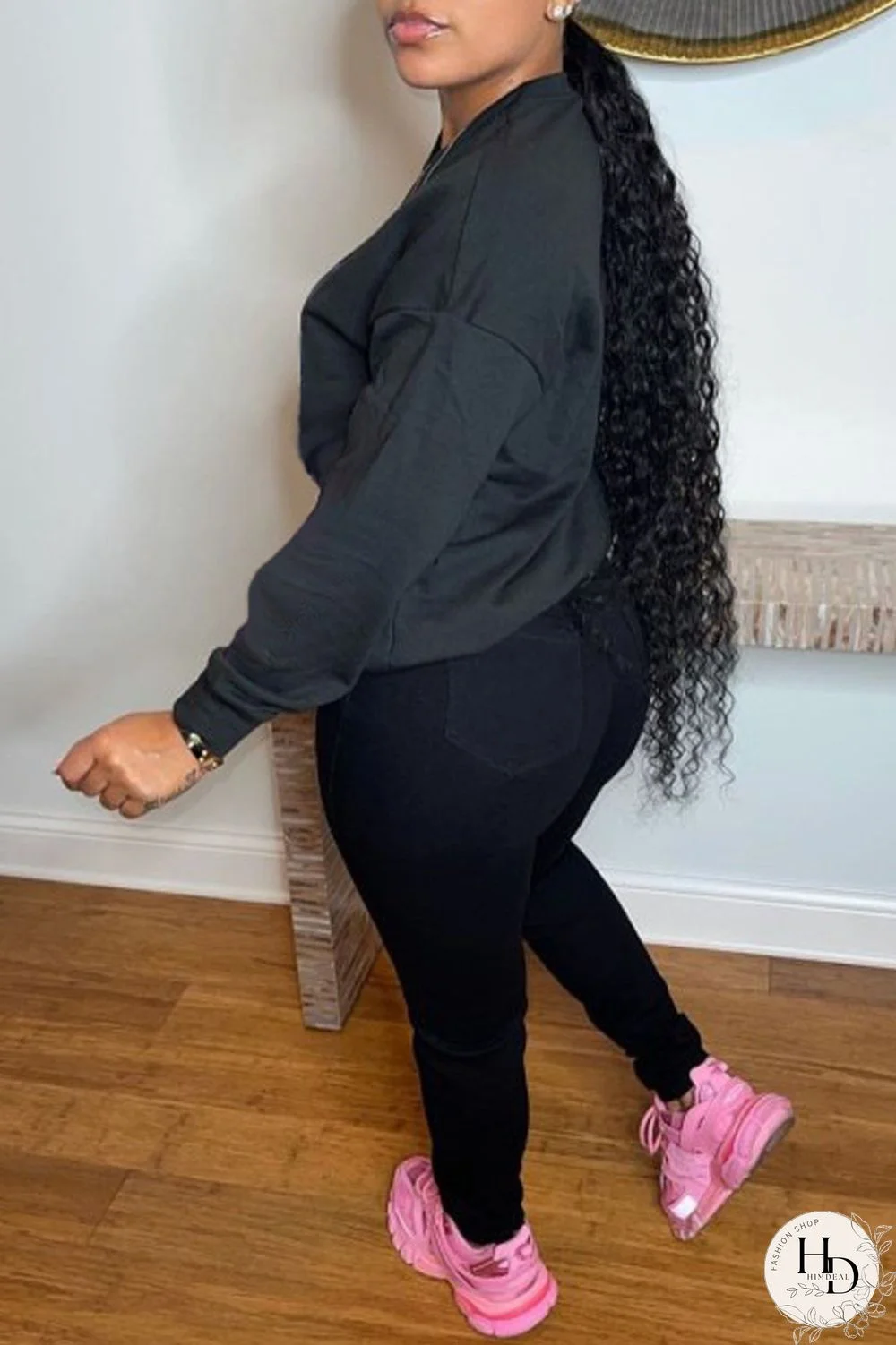 Black Sweet Cute Print Patchwork O Neck Tops