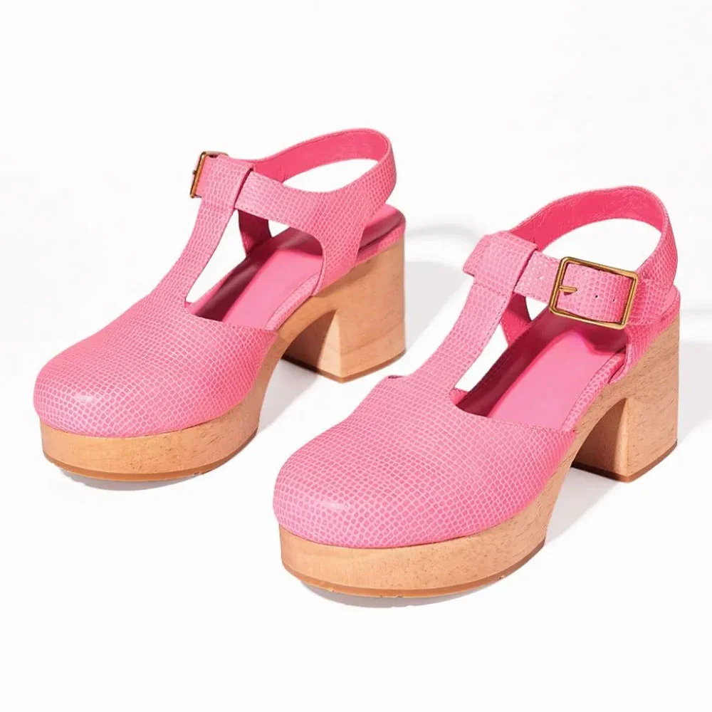 Platform Clogs Block Heel T-Strap Embossed Pink Pumps with Buckle